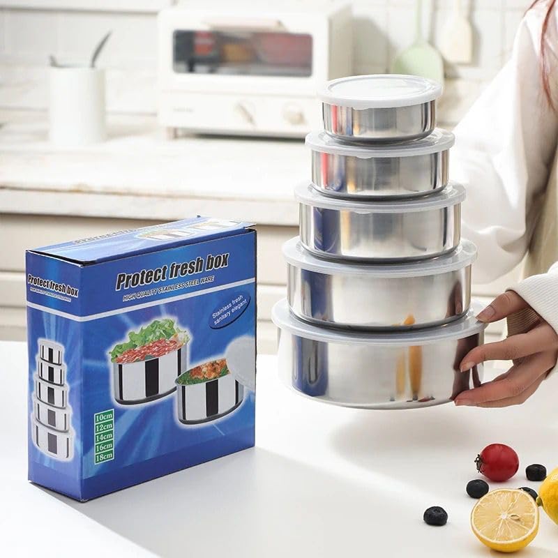 5-Piece Round Stainless Steel Bowl Set With Airtight Lid