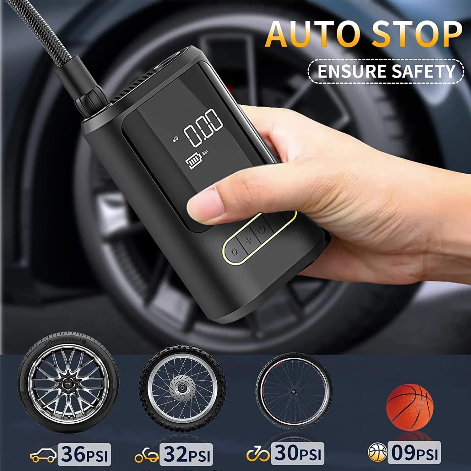 3-in-1 Wireless Portable Tire Inflator, Power Bank & LED Light
