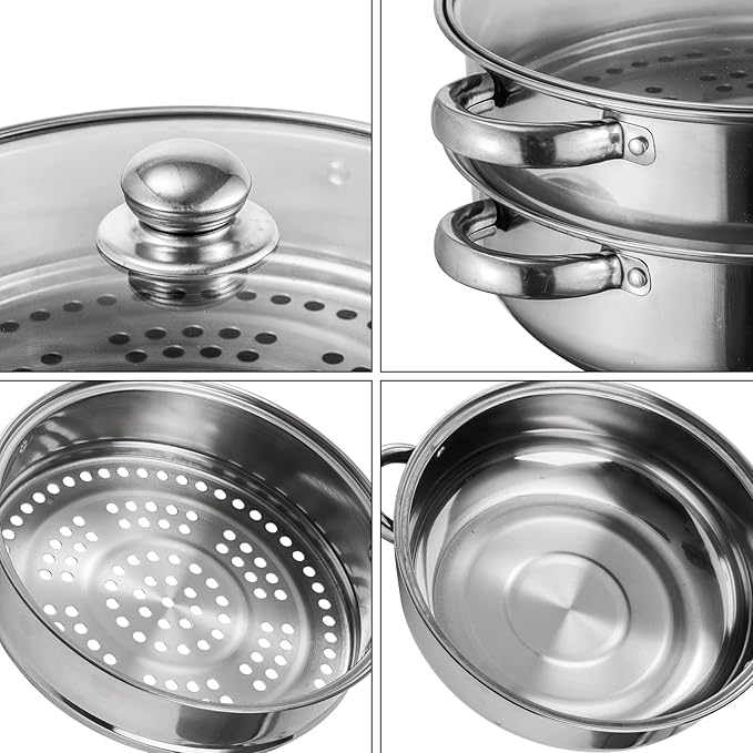 28cm 2 Tier Stainless Steel Steamer Pot with Glass Lid