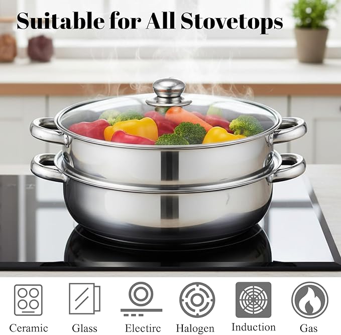 28cm 2 Tier Stainless Steel Steamer Pot with Glass Lid