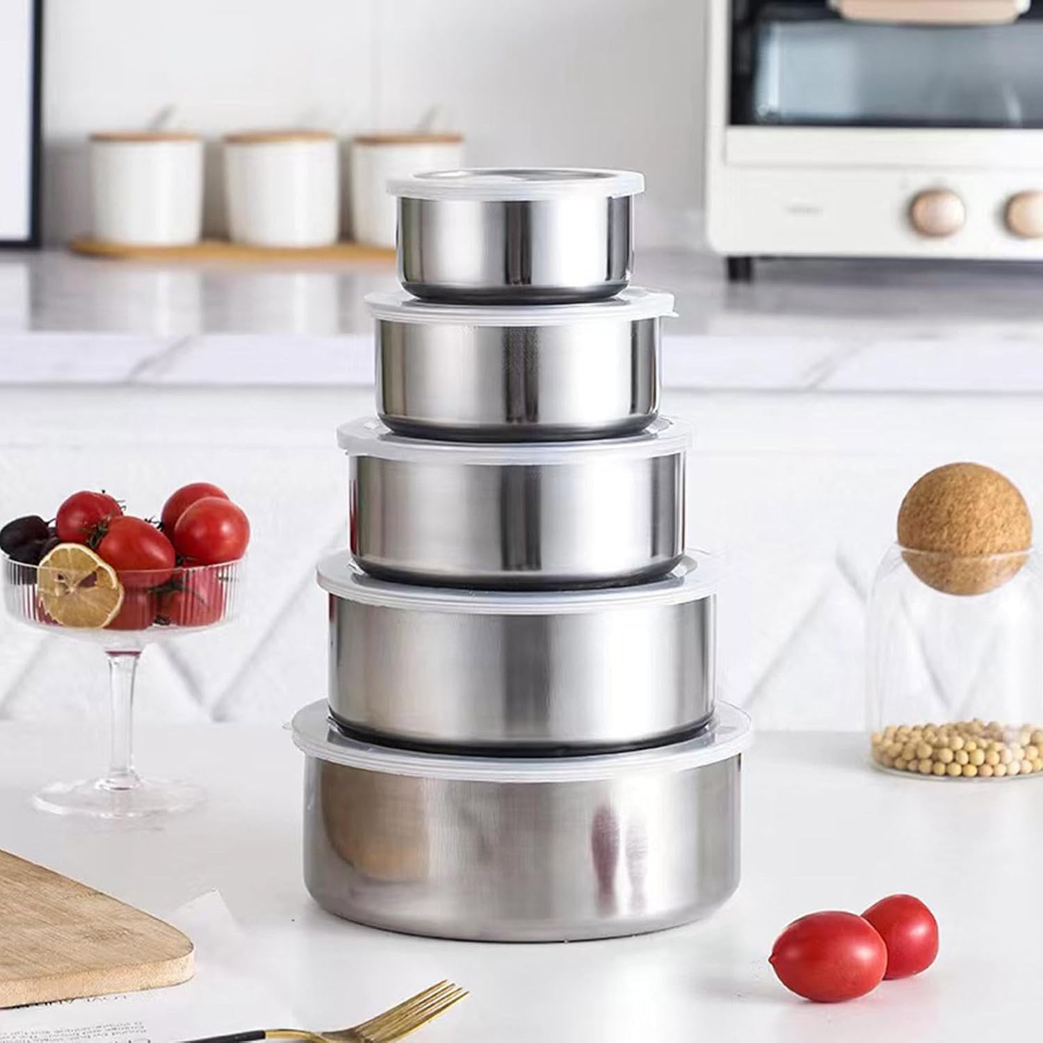 5-Piece Round Stainless Steel Bowl Set With Airtight Lid