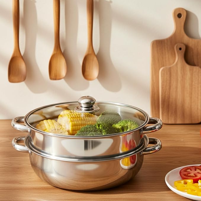 28cm 2 Tier Stainless Steel Steamer Pot with Glass Lid