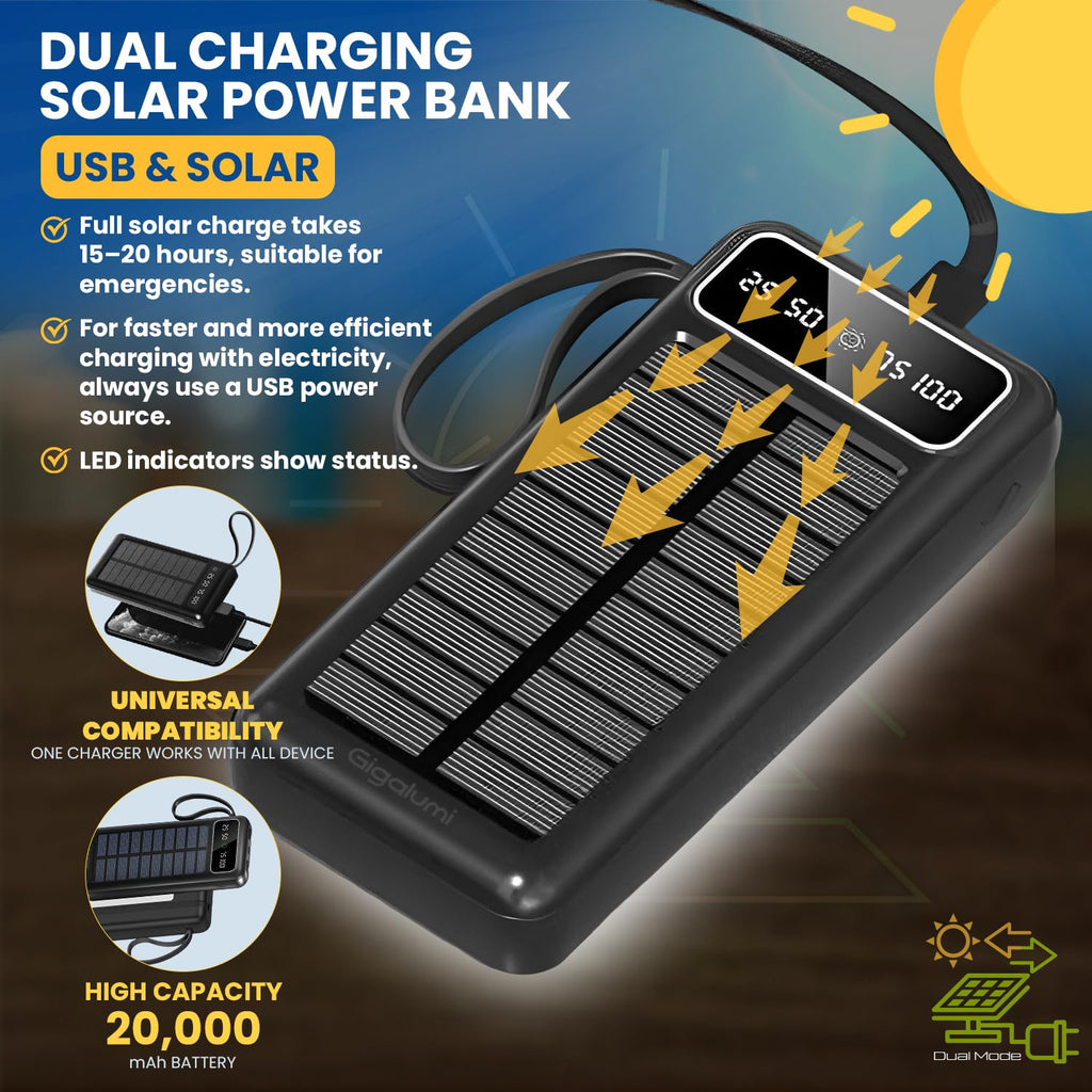 20,000mAh Solar Power Bank with Universal Charging Cables