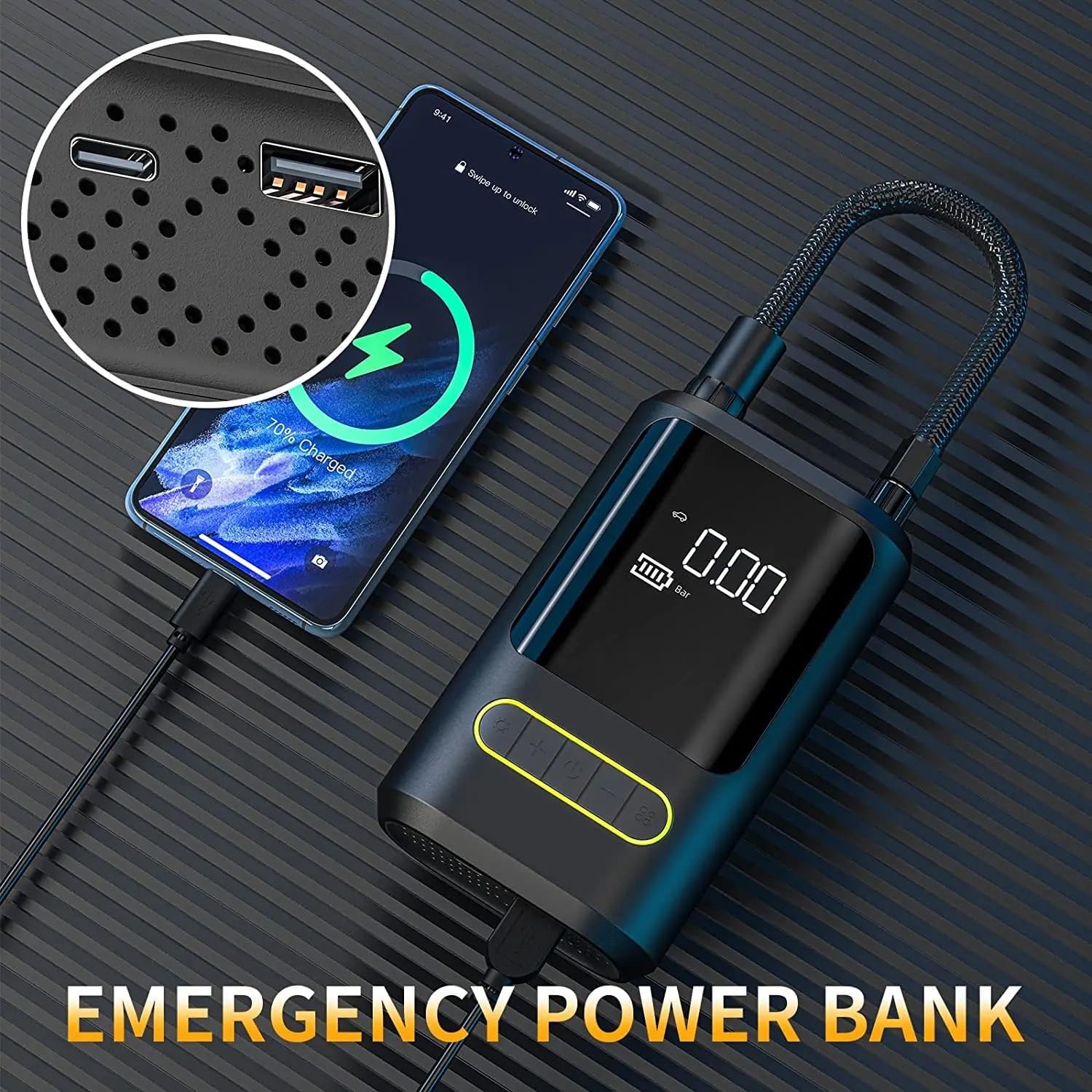 3-in-1 Wireless Portable Tire Inflator, Power Bank & LED Light