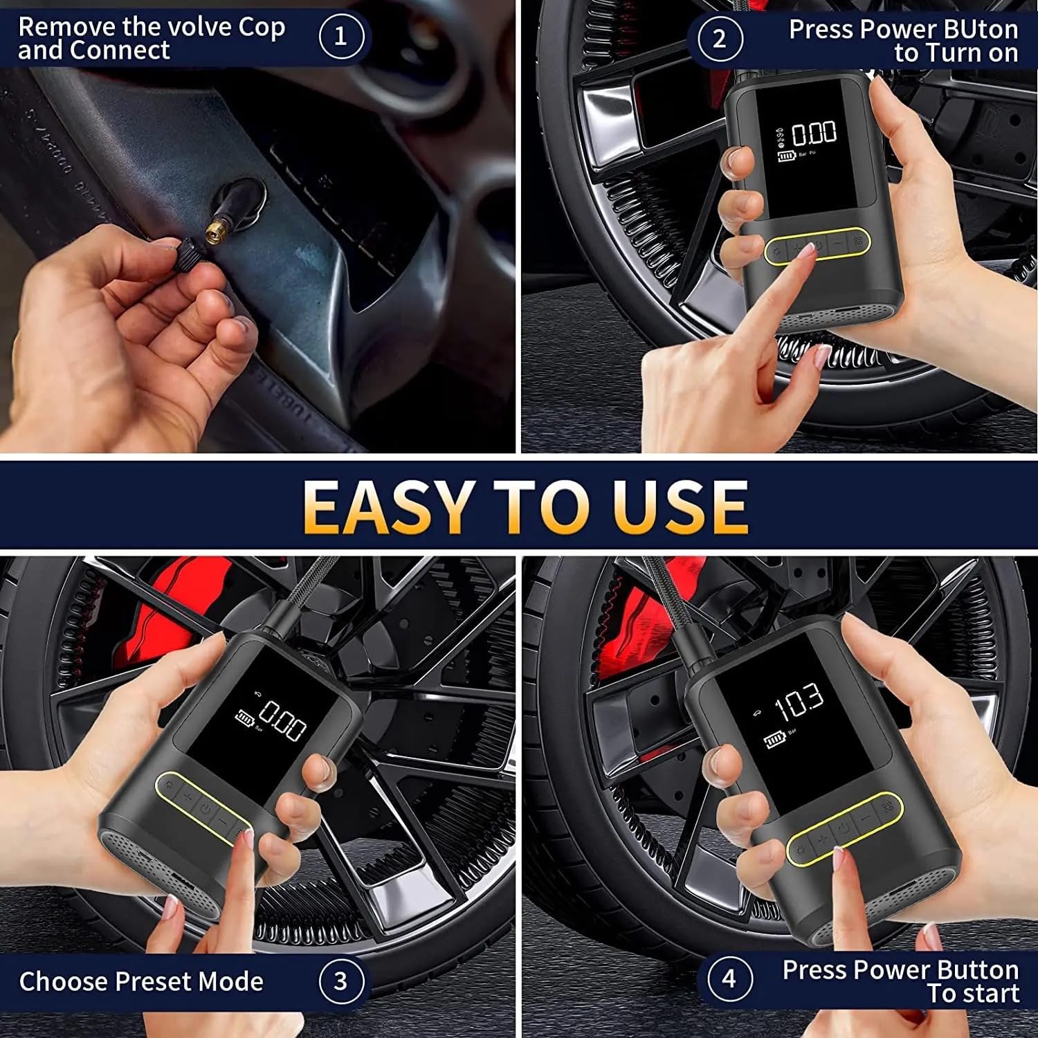3-in-1 Wireless Portable Tire Inflator, Power Bank & LED Light