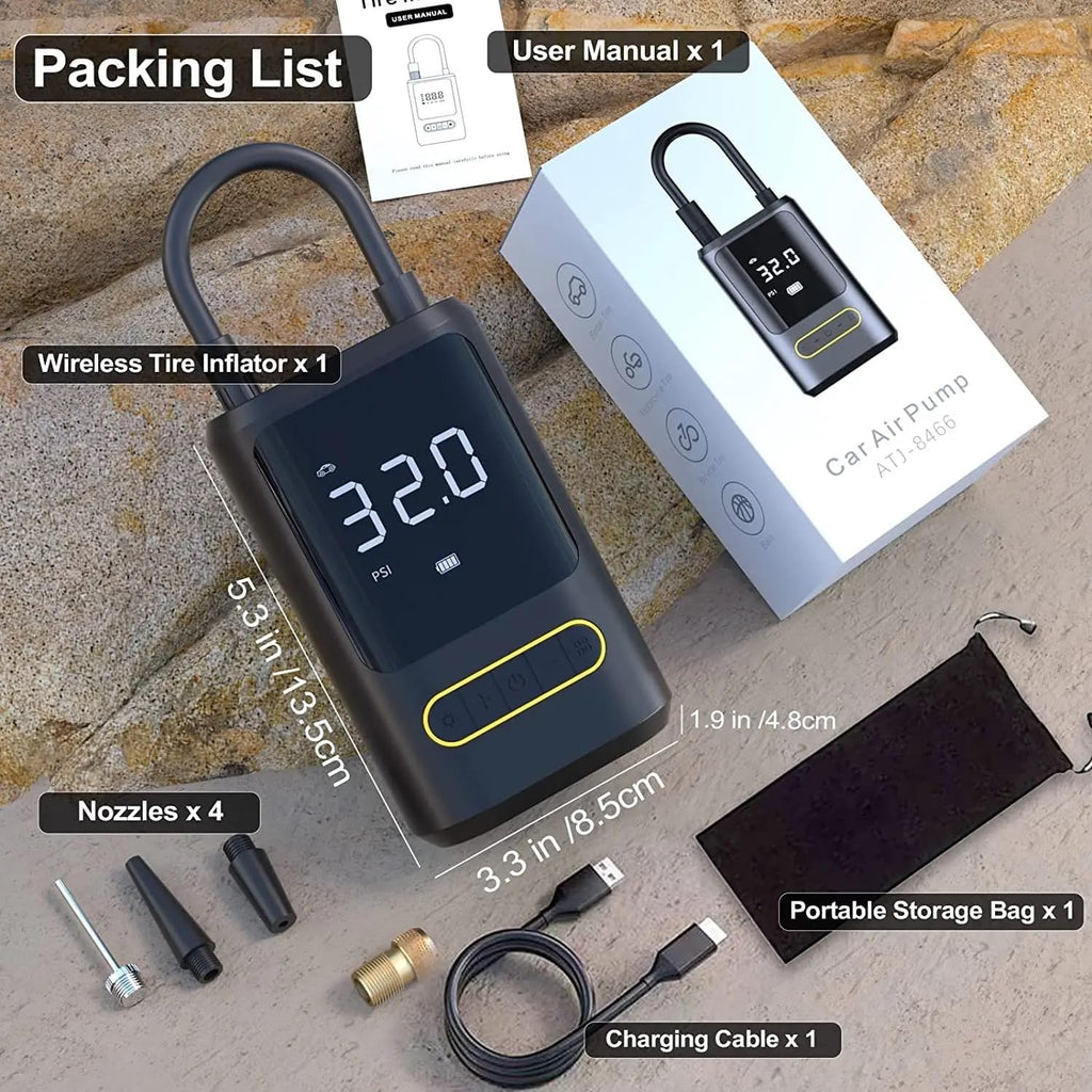 3-in-1 Wireless Portable Tire Inflator, Power Bank & LED Light