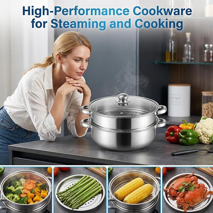 28cm 2 Tier Stainless Steel Steamer Pot with Glass Lid