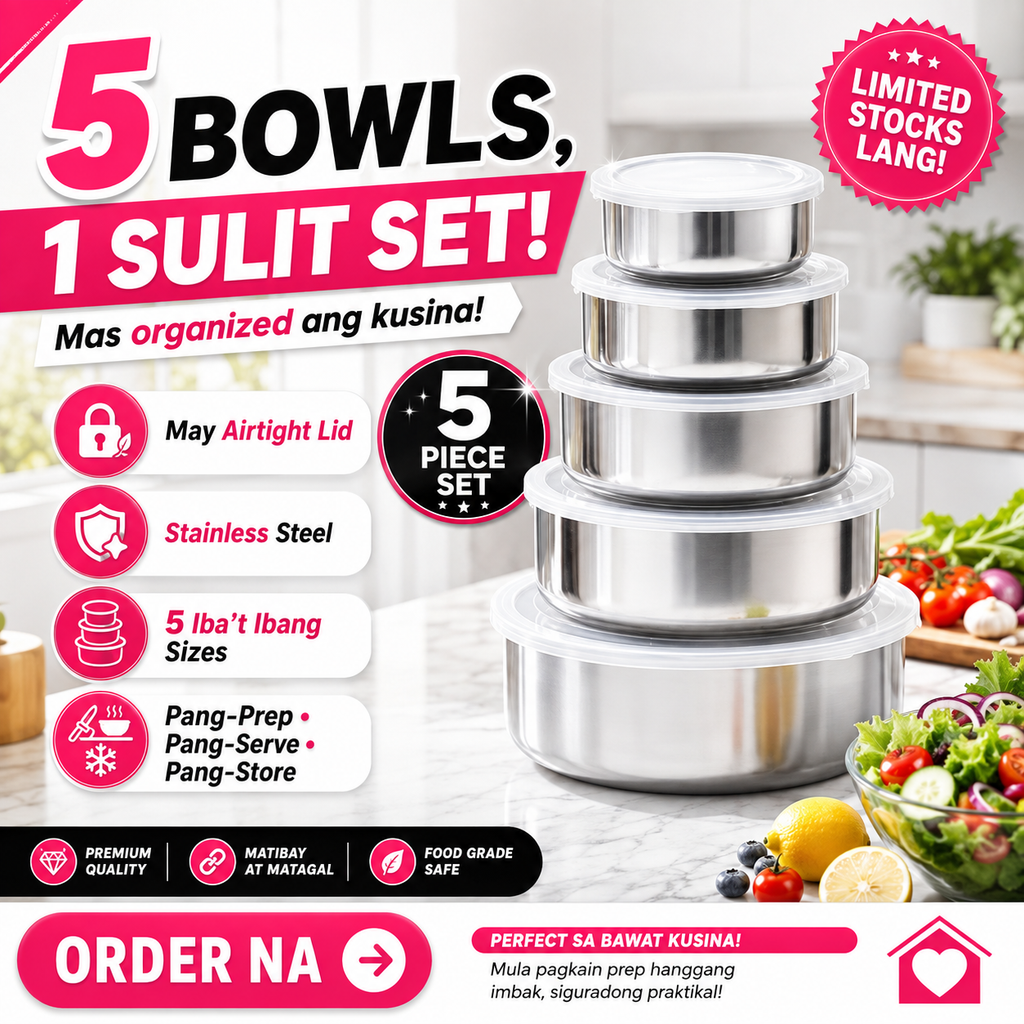 5-Piece Round Stainless Steel Bowl Set With Airtight Lid