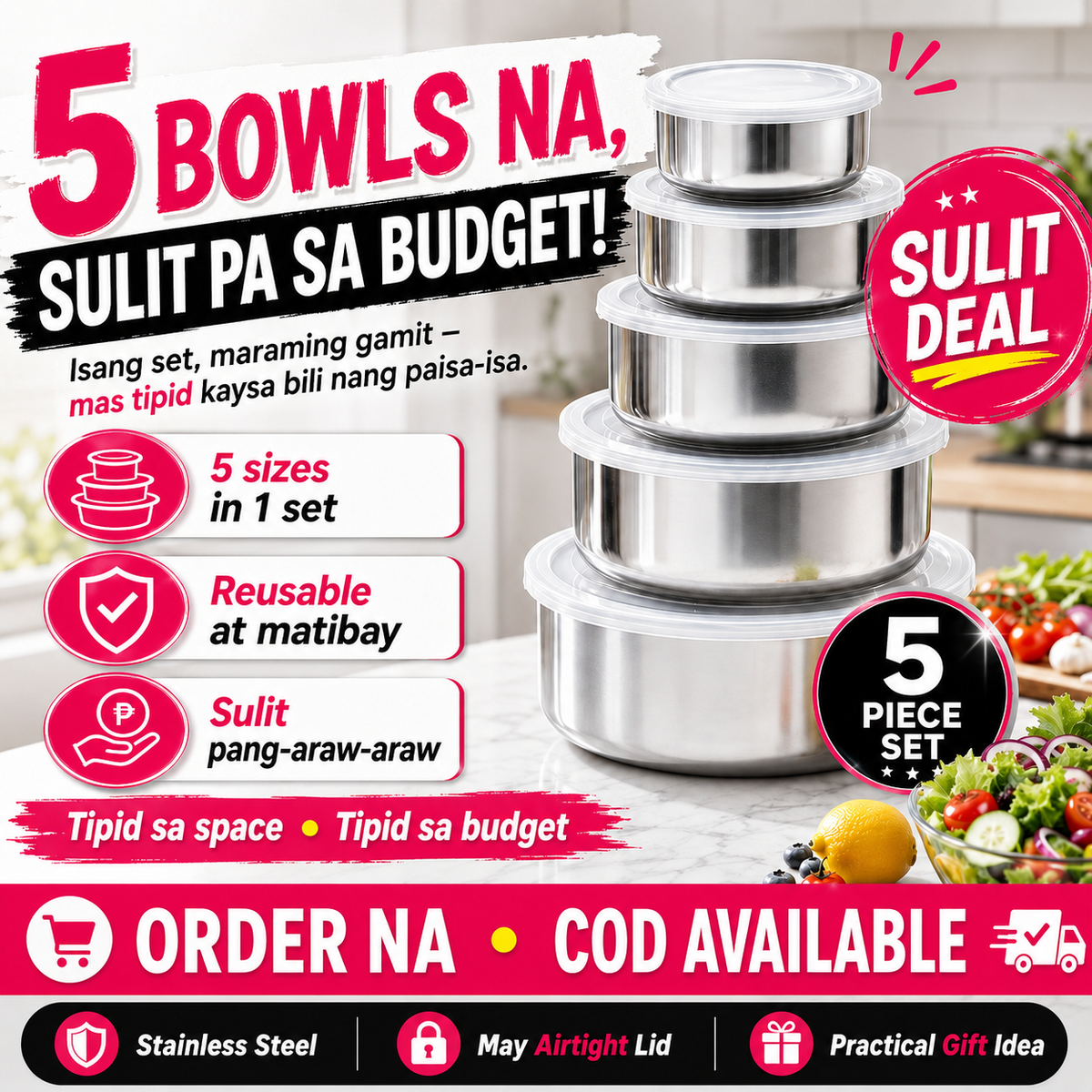 5-Piece Round Stainless Steel Bowl Set With Airtight Lid
