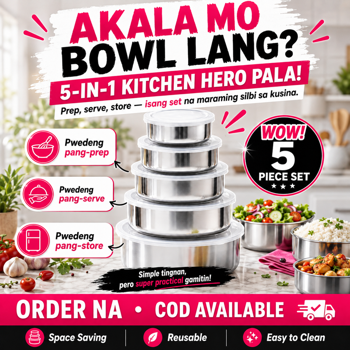 5-Piece Round Stainless Steel Bowl Set With Airtight Lid