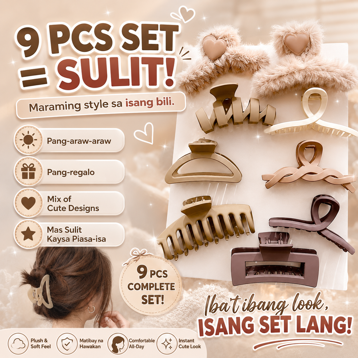 9Pcs/Set Winter Plush Large Claw Clip