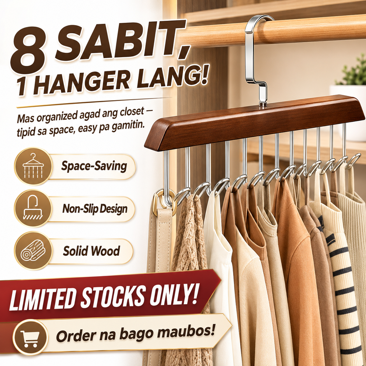 8 Hooks Non-Slip Solid Wood Hanger