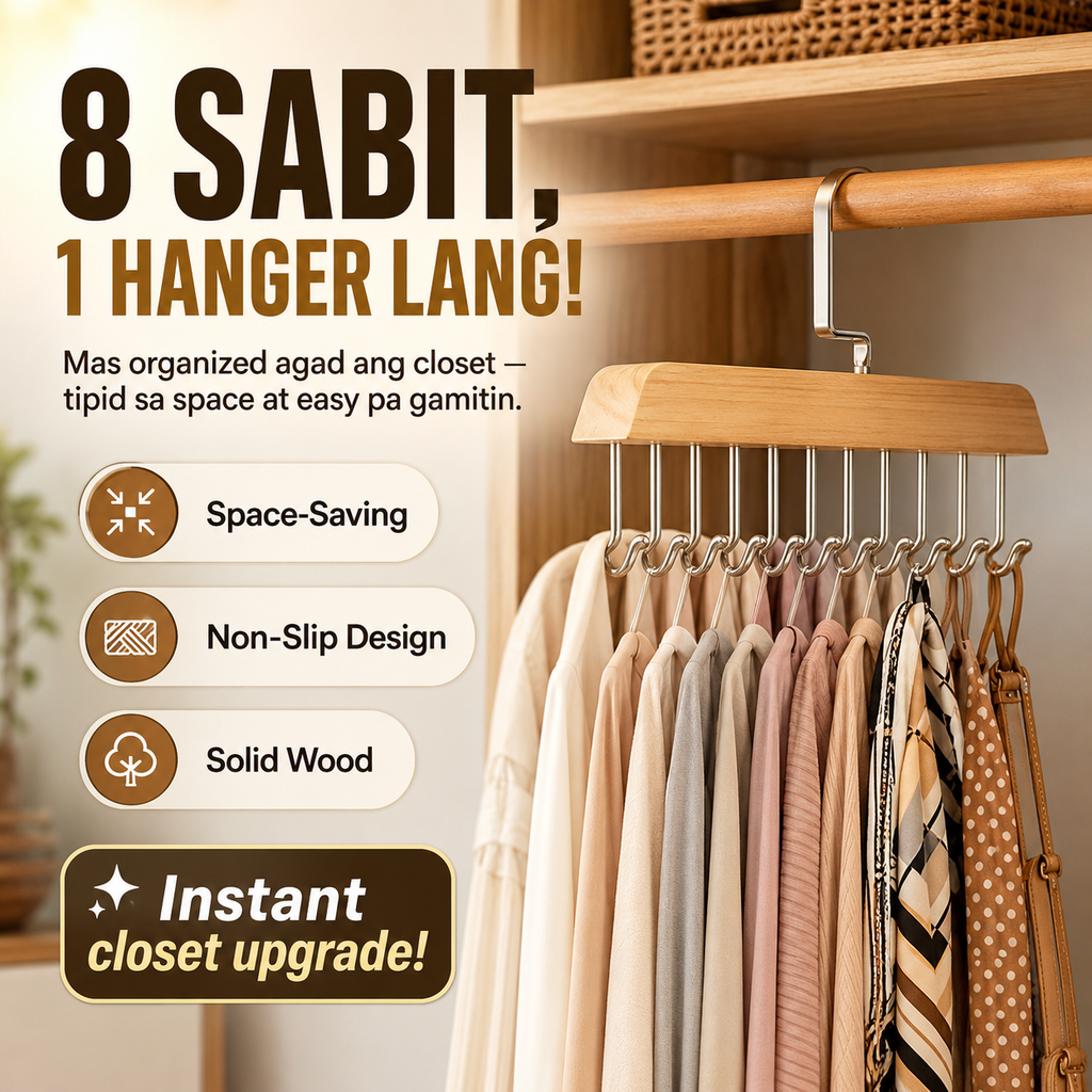 8 Hooks Non-Slip Solid Wood Hanger