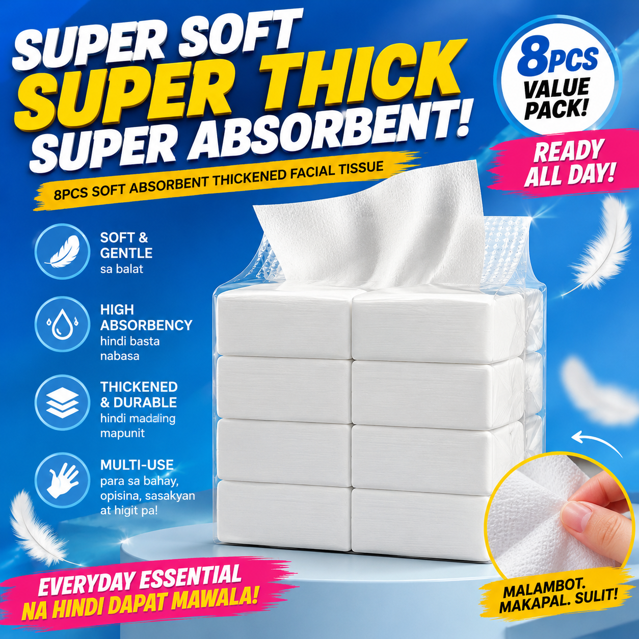 8pcs Soft Absorbent Thickened Facial Tissue