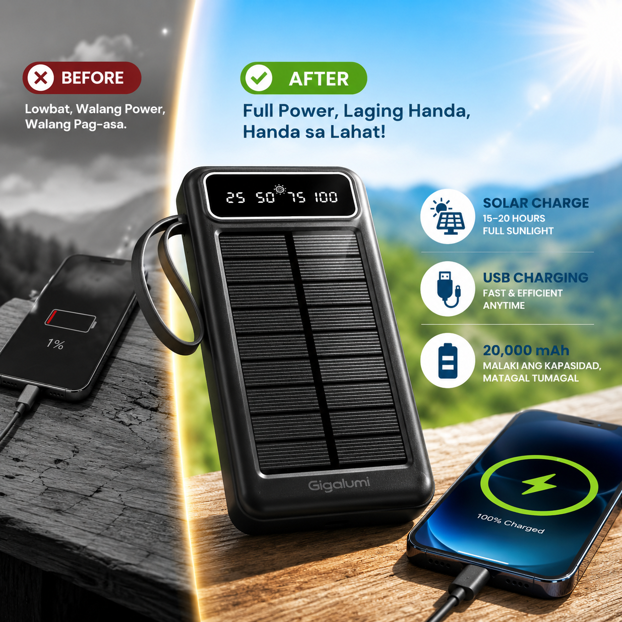 20,000mAh Solar Power Bank with Universal Charging Cables