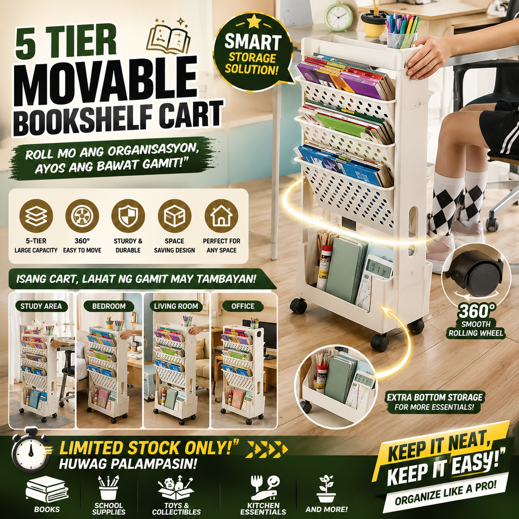 5 Tier Movable Bookshelf Cart