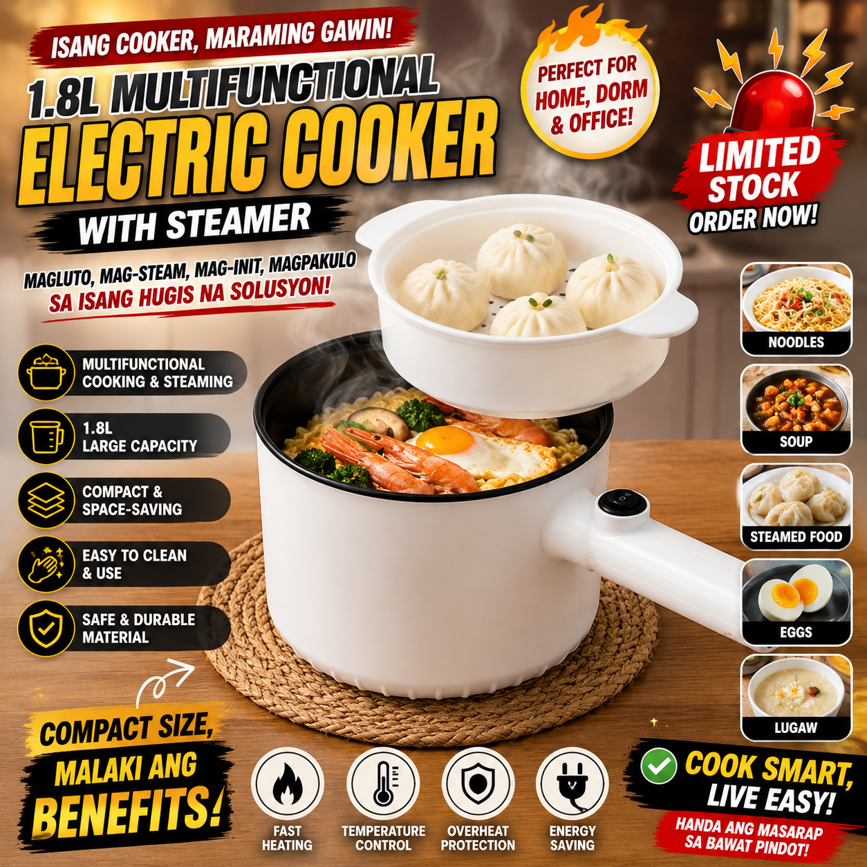 1.8L Multifunctional Electric Cooker with Steamer