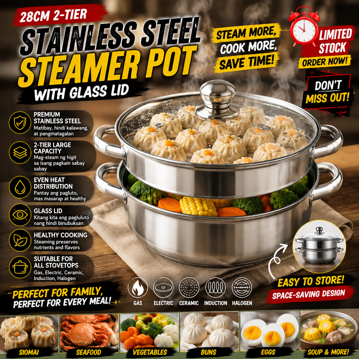 28cm 2 Tier Stainless Steel Steamer Pot with Glass Lid