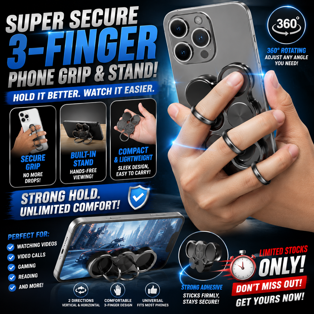 3-Finger Phone Grip & Stand