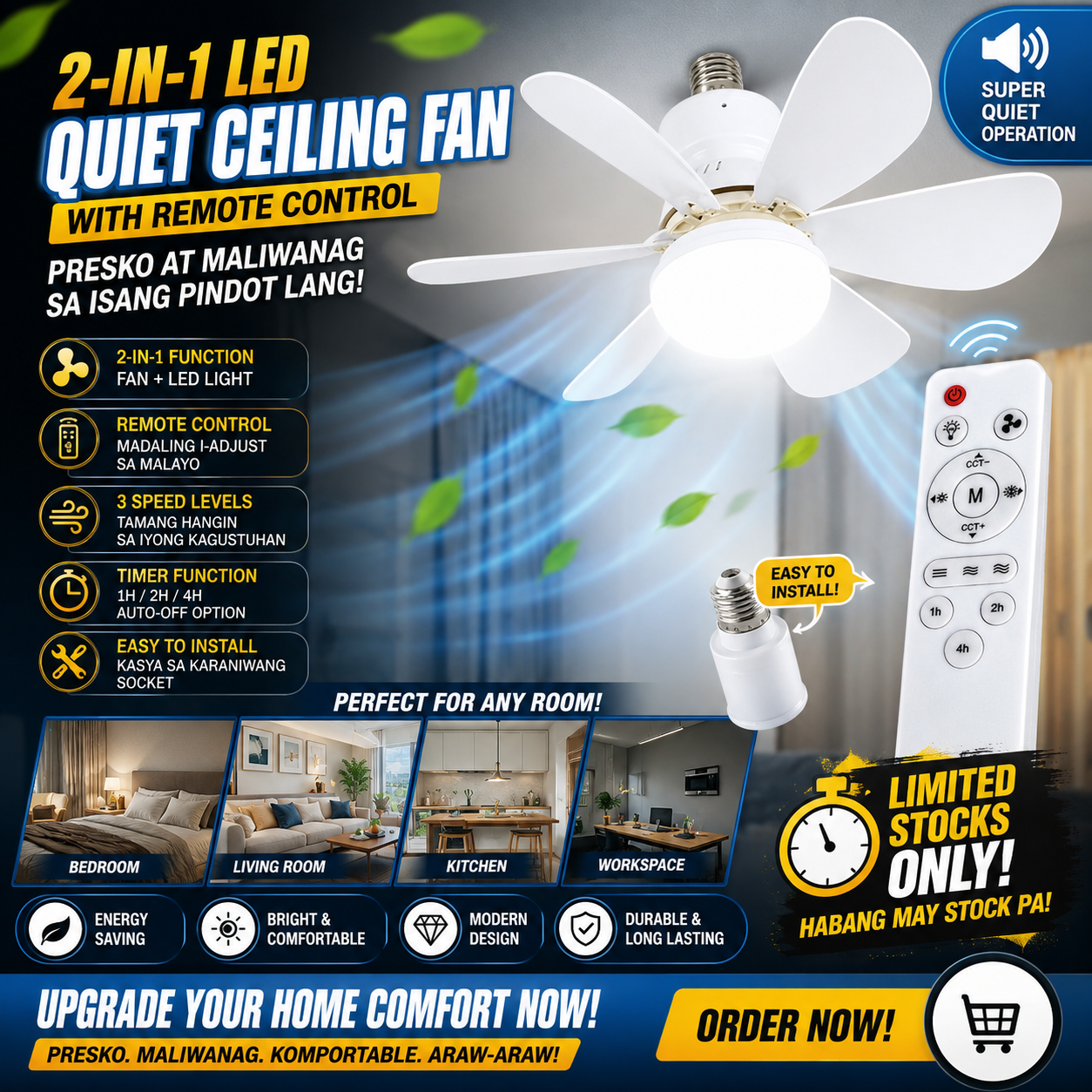 2-in-1 LED Quiet Ceiling Fan with Remote Control