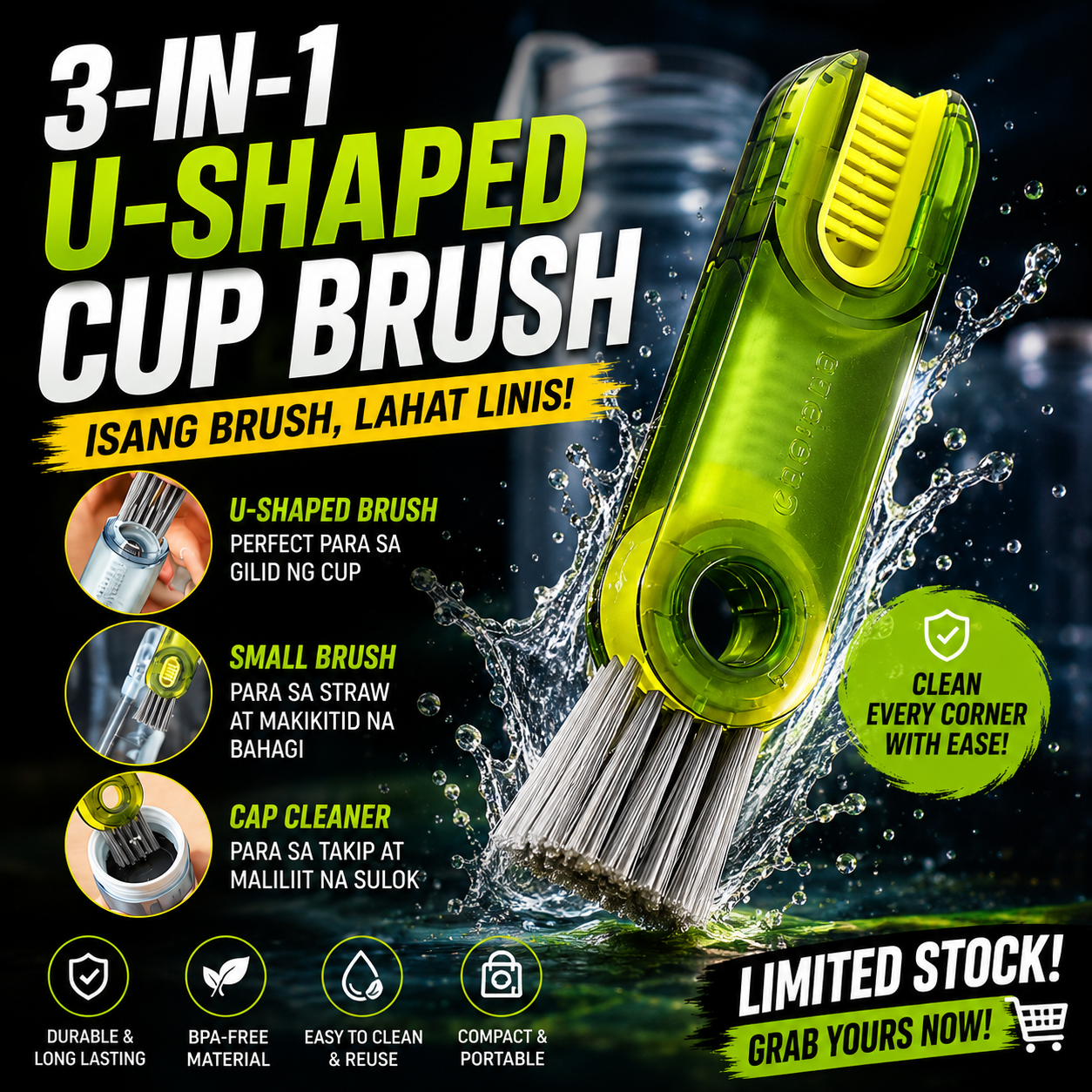 3-in-1 U-Shaped Cup Brush Bottle Cap Cleaner