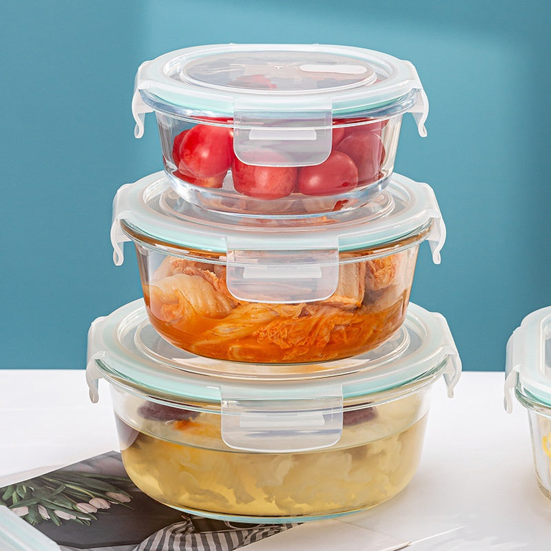 Round Glass Stackable Food Storage Container Set w/ Leak Proof Lids