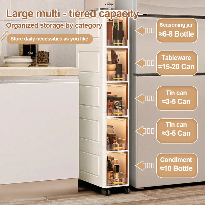 Tall Narrow Storage Cabinet with Movable Wheels and Magnetic Doors
