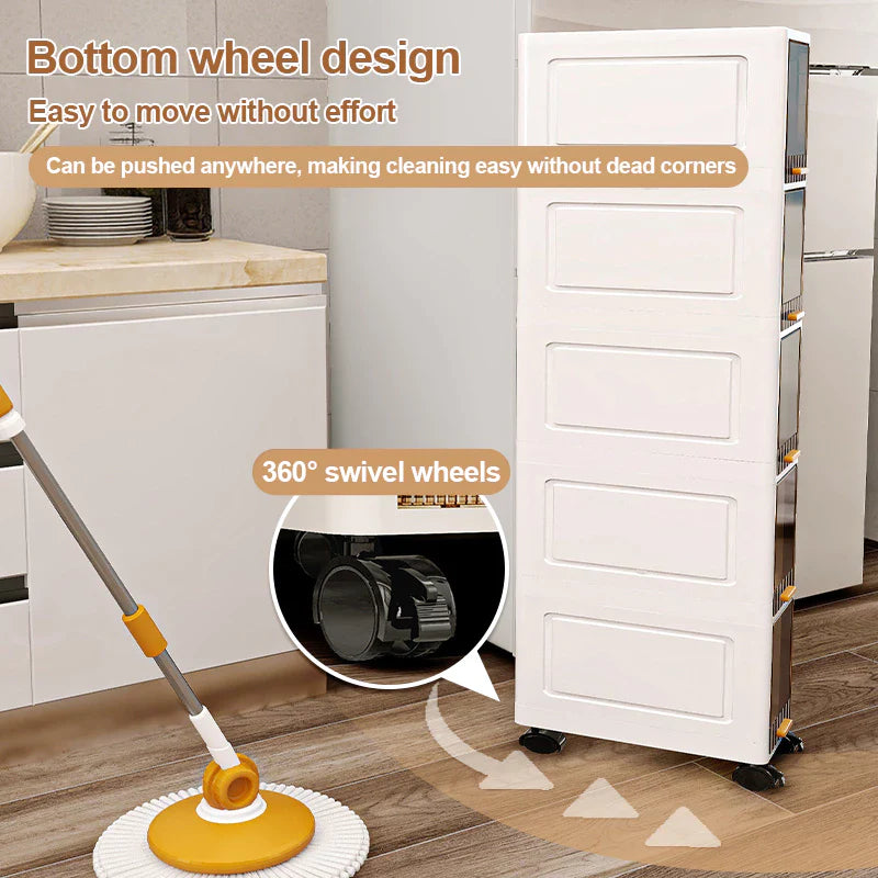 Tall Narrow Storage Cabinet with Movable Wheels and Magnetic Doors