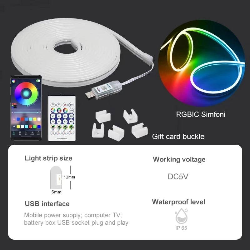 USB-Powered RGBIC Neon Strip Light with Bluetooth Control