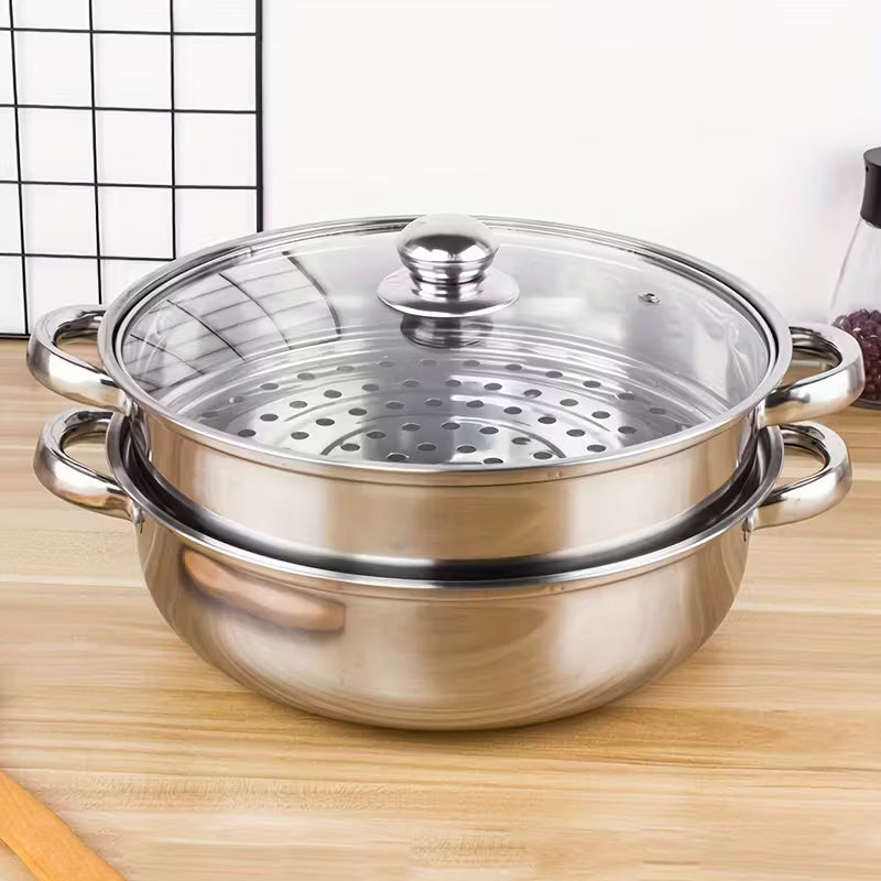 28cm 2 Tier Stainless Steel Steamer Pot with Glass Lid