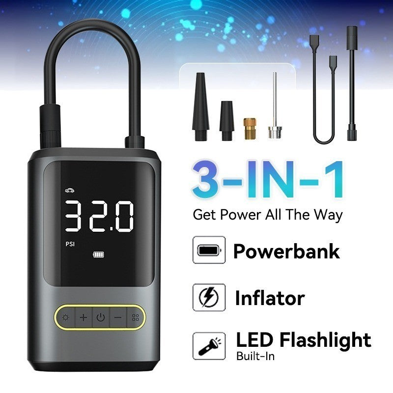 3-in-1 Wireless Portable Tire Inflator, Power Bank & LED Light