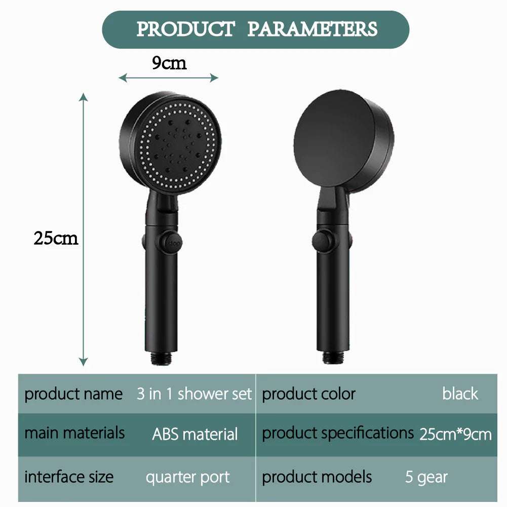 3-Piece Black Shower Head Set
