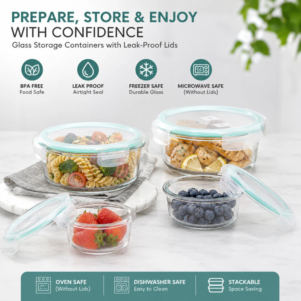 Round Glass Stackable Food Storage Container Set w/ Leak Proof Lids