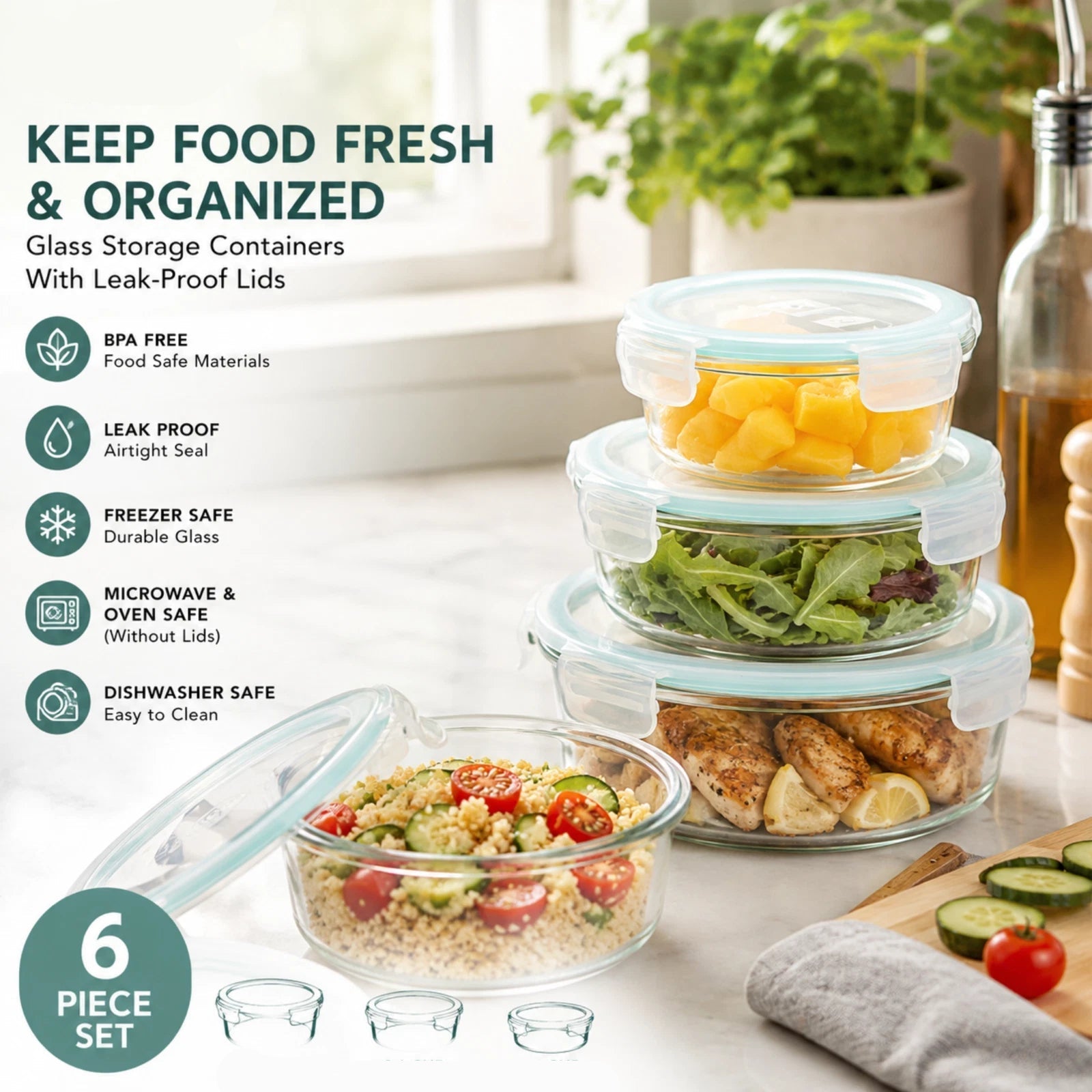Round Glass Stackable Food Storage Container Set w/ Leak Proof Lids